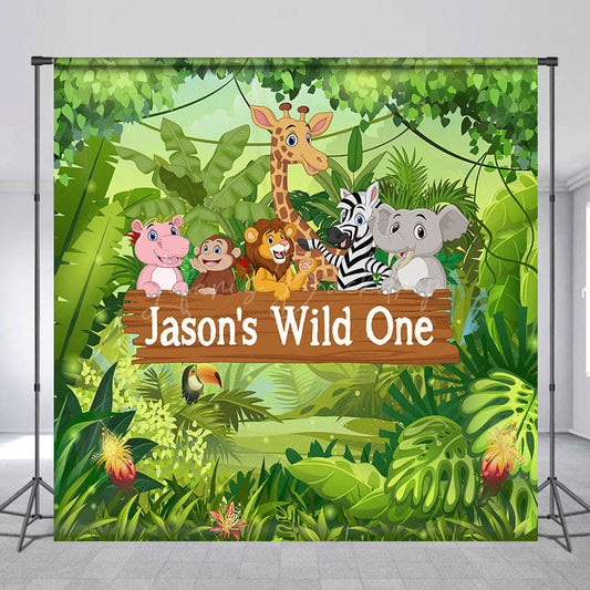 Lofaris Jungle Forest Animal Custom First Birthday Backdrop