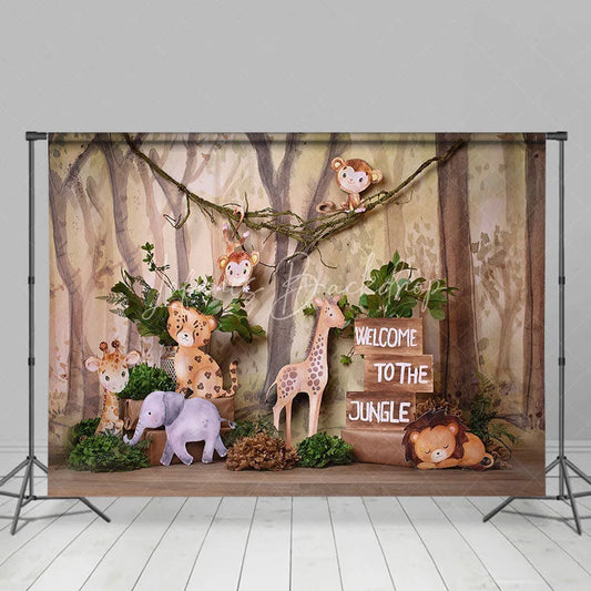 Lofaris Jungle Safari Animals Combo Set Backdrop Watercolor Monkey Giraffe Lion Baby Shower Birthday Party Decoration