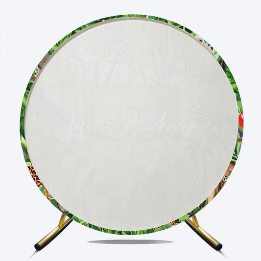 Lofaris Jungle Safari Happy Birthday Round Backdrop Wild Animals with Tropical Leaves Zoo Themed Party Photo Prop
