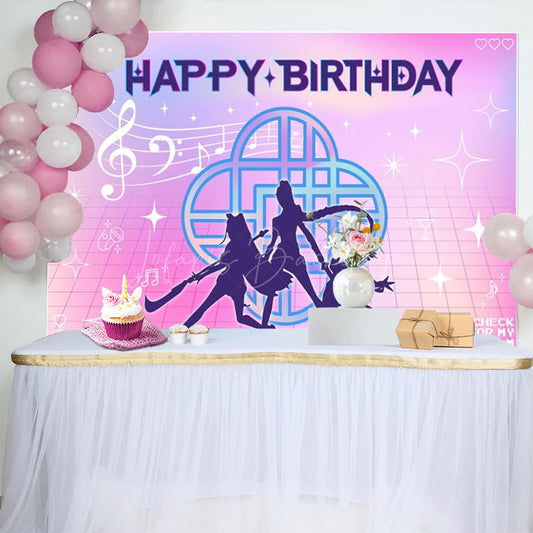 Lofaris K-Pop Girl Group Themed Happy Birthday Backdrop 80s Retro Grid with Music Notes Dance Party Photo Booth Decor