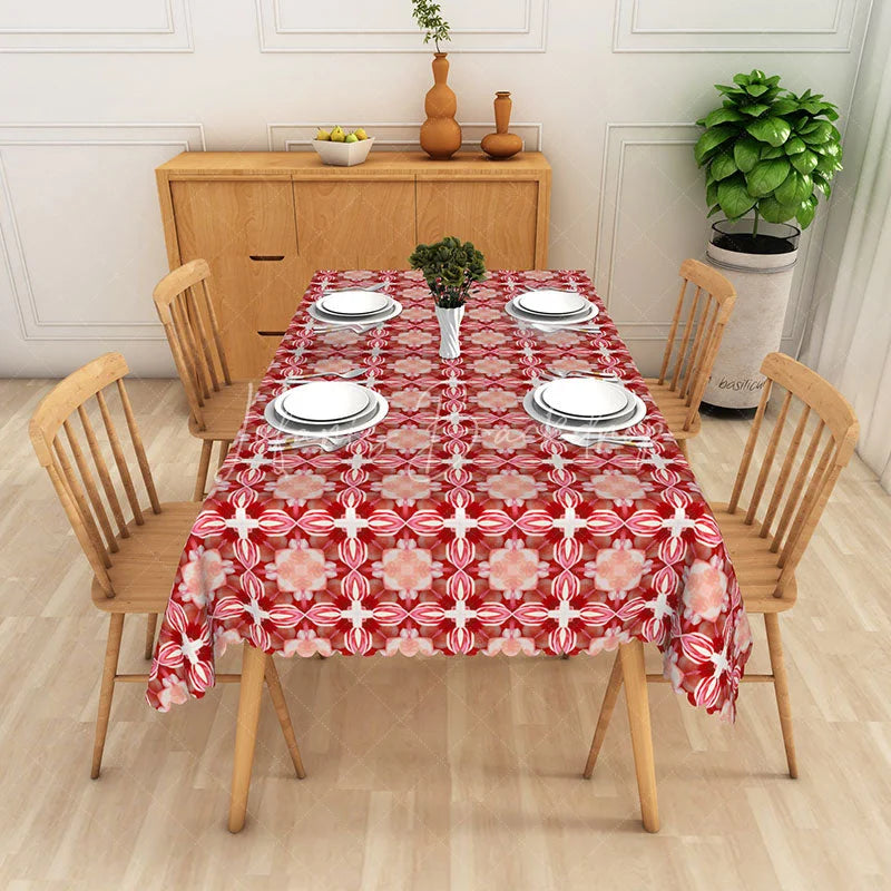 Lofaris Kaleidoscope Floral Rectangle Tablecloth Red Symmetrical Pattern Dining Table Cover