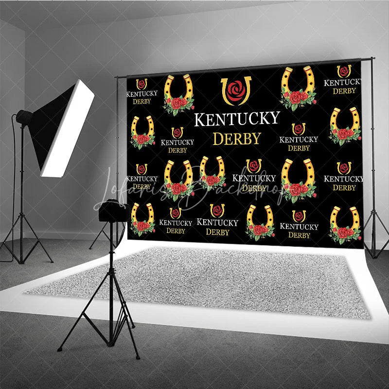 Lofaris Kentucky Derby Backdrop Horseshoe and Red Rose Pattern Horse Racing Party Step Repeat Background