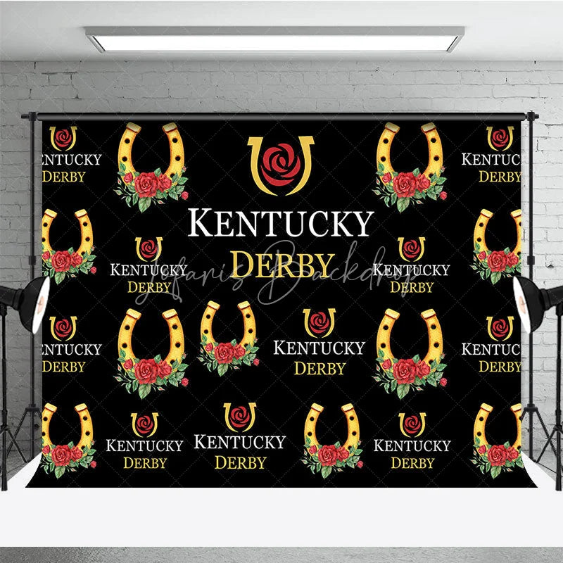 Lofaris Kentucky Derby Backdrop Horseshoe and Red Rose Pattern Horse Racing Party Step Repeat Background