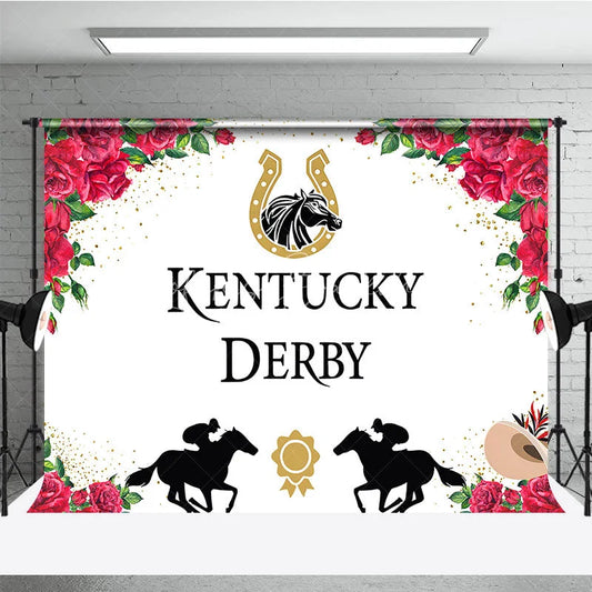 Lofaris Kentucky Derby Horse Racing Backdrop Floral Red Roses and Jockey Silhouette Party Background