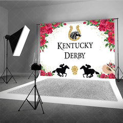 Lofaris Kentucky Derby Horse Racing Backdrop Floral Red Roses and Jockey Silhouette Party Background