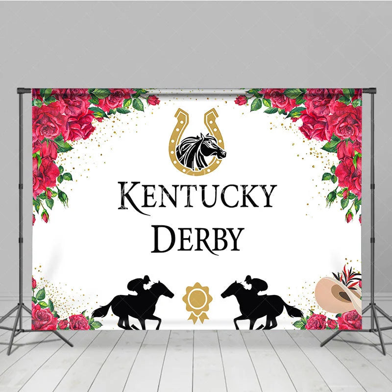 Lofaris Kentucky Derby Horse Racing Backdrop Floral Red Roses and Jockey Silhouette Party Background