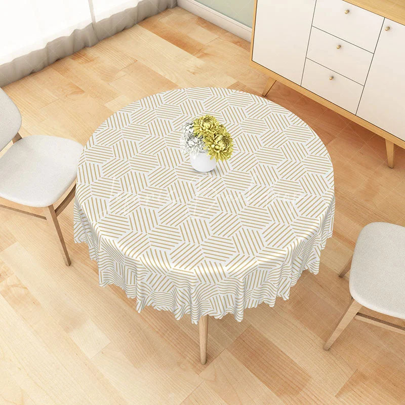 Lofaris Khaki and Brown Geometric Stripe Round Tablecloth for Modern Neutral Earth Tone Dining Room Decor