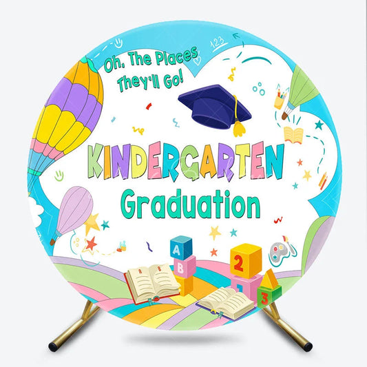 Lofaris Kindergarten Graduation Round Backdrop featuring Hot Air Balloons Books and Blocks for Future Adventures Party.