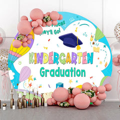 Lofaris Kindergarten Graduation Round Backdrop featuring Hot Air Balloons Books and Blocks for Future Adventures Party.