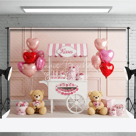Lofaris Kisses Booth Valentine Day Backdrop Teddy Bear Heart Balloons Pink Cart Background Sweet Photography Decor
