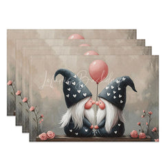 Lofaris Kissing Gnome Blue Hat Set of 4 Placemats Pink Balloon Valentine Decoration Romantic Couple Dining Table Mat