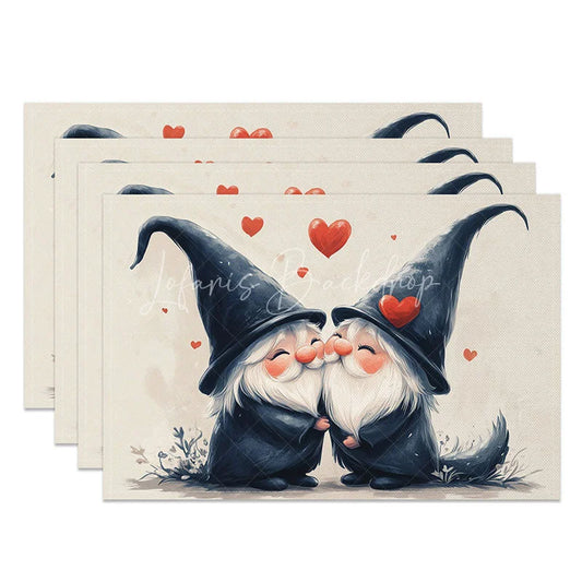 Lofaris Kissing Gnome Couple Set of 4 Placemats Floating Hearts Valentine Decoration Tall Hat Love Table Mat