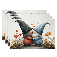 Lofaris Kissing Gnome Tall Hat Set of 4 Placemats Red Heart Valentine Decoration Whimsical Love Dining Table Mat
