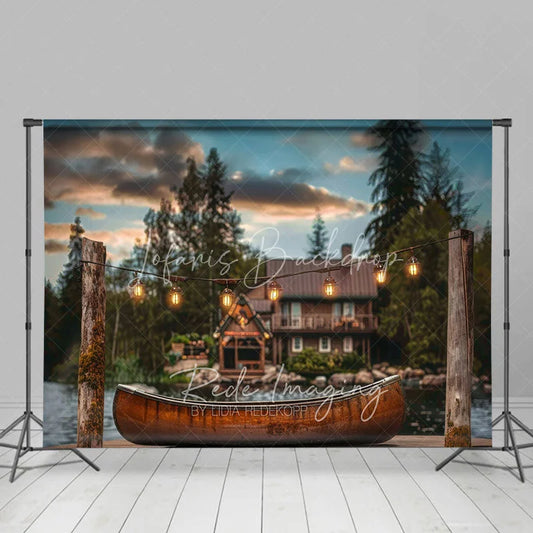 Lofaris Lake Cabin Sunset Backdrop Wooden Canoe and Glowing String Lights Photography Background for Summer Camp