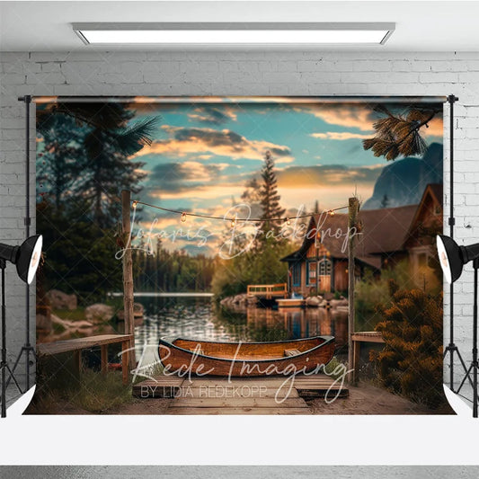 Lofaris Lake Sunset Wooden Canoe Photography Backdrop Rustic Cabin and String Lights Studio Background