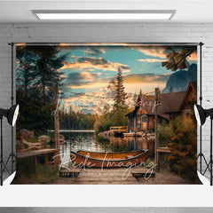 Lofaris Lake Sunset Wooden Canoe Photography Backdrop Rustic Cabin and String Lights Studio Background