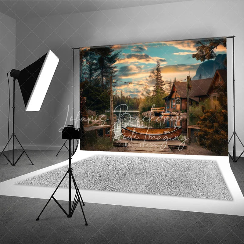 Lofaris Lake Sunset Wooden Canoe Photography Backdrop Rustic Cabin and String Lights Studio Background