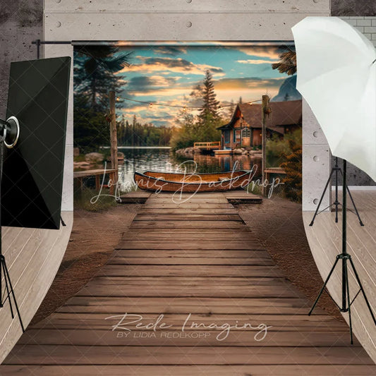 Lofaris Lake Sunset Wooden Canoe Photography Backdrop Rustic Cabin and String Lights Sweep Studio Background
