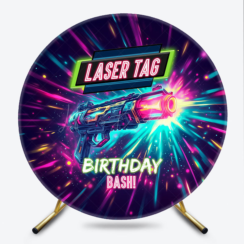 Lofaris Laser Tag Birthday Bash Round Backdrop Neon Glow Battle Zone Party Banner Fun Game Night Photo Prop for Boys