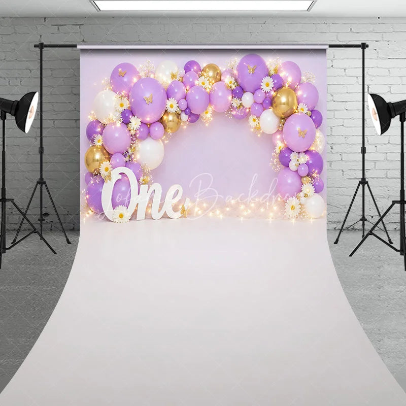 Lofaris Lavender and Gold Balloons First Birthday Sweep Backdrop One Year Old Party with Daisy Flowers Fairy Lights Decor