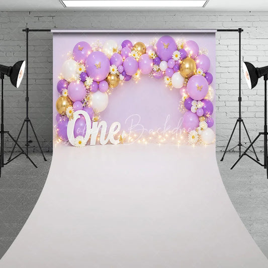 Lofaris Lavender and Gold Balloons First Birthday Sweep Backdrop One Year Old Party with Daisy Flowers Fairy Lights Decor