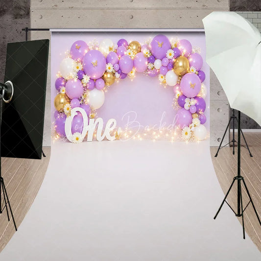 Lofaris Lavender and Gold Balloons First Birthday Sweep Backdrop One Year Old Party with Daisy Flowers Fairy Lights Decor