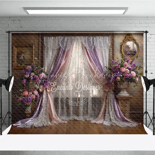 Lofaris Lavender and Pink Floral Drapes Photography Backdrop Vintage Window Scene for Romantic Portraits Events