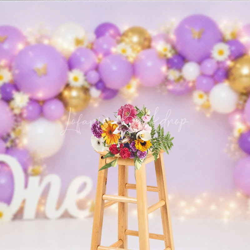 Lofaris Lavender Purple and Gold Balloon Arch Photography Backdrop with Daisies Butterflies for First Birthday Party