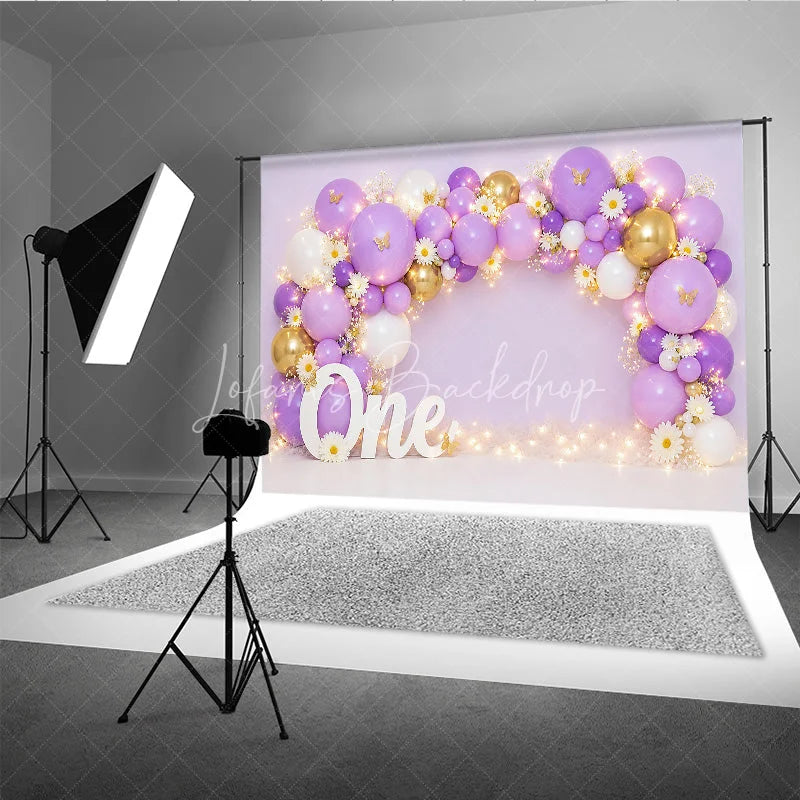 Lofaris Lavender Purple and Gold Balloon Arch Photography Backdrop with Daisies Butterflies for First Birthday Party