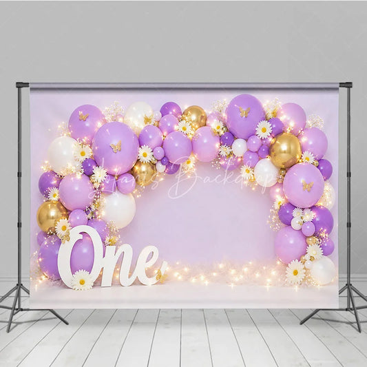 Lofaris Lavender Purple and Gold Balloon Arch Photography Backdrop with Daisies Butterflies for First Birthday Party