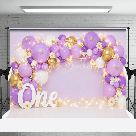 Lofaris Lavender Purple and Gold Balloon Arch Photography Backdrop with Daisies Butterflies for First Birthday Party