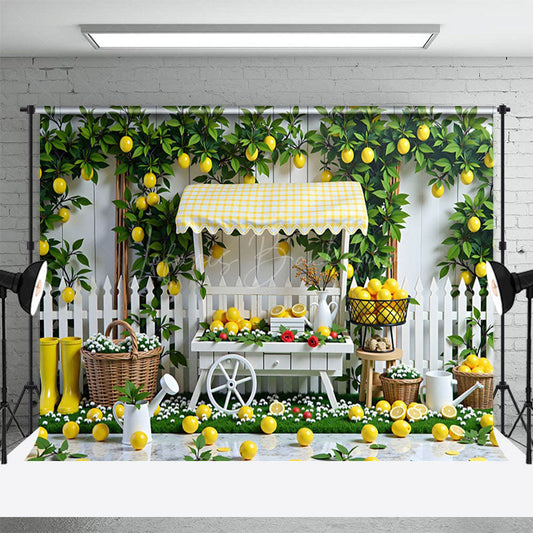 Lofaris Lemon Fruit Cart Fence White Photography Backdrop