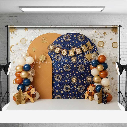 Lofaris Leo Zodiac Cake Smash Backdrop Navy and Orange Lion Party Background for Roar Birthday