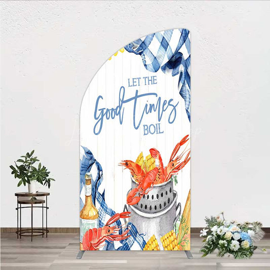 Lofaris Let the Good Times Boil Crawfish Party Half Moon Arch Backdrop Summer Seafood with Corn Blue Gingham Photo Prop