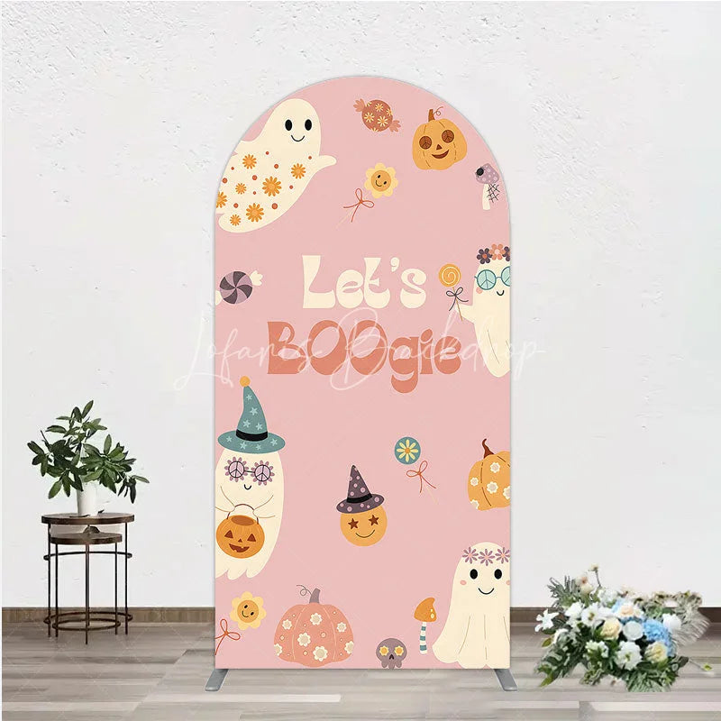 Lofaris Let’s Boogie Groovy Halloween Arch Backdrop Cute Retro Ghost and Pumpkin Pink Spooky Themed Party Decor