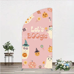 Lofaris Let’s Boogie Groovy Halloween Half Moon Arch Backdrop Cute Retro Ghost and Pumpkin Pink Spooky Themed Party Decor