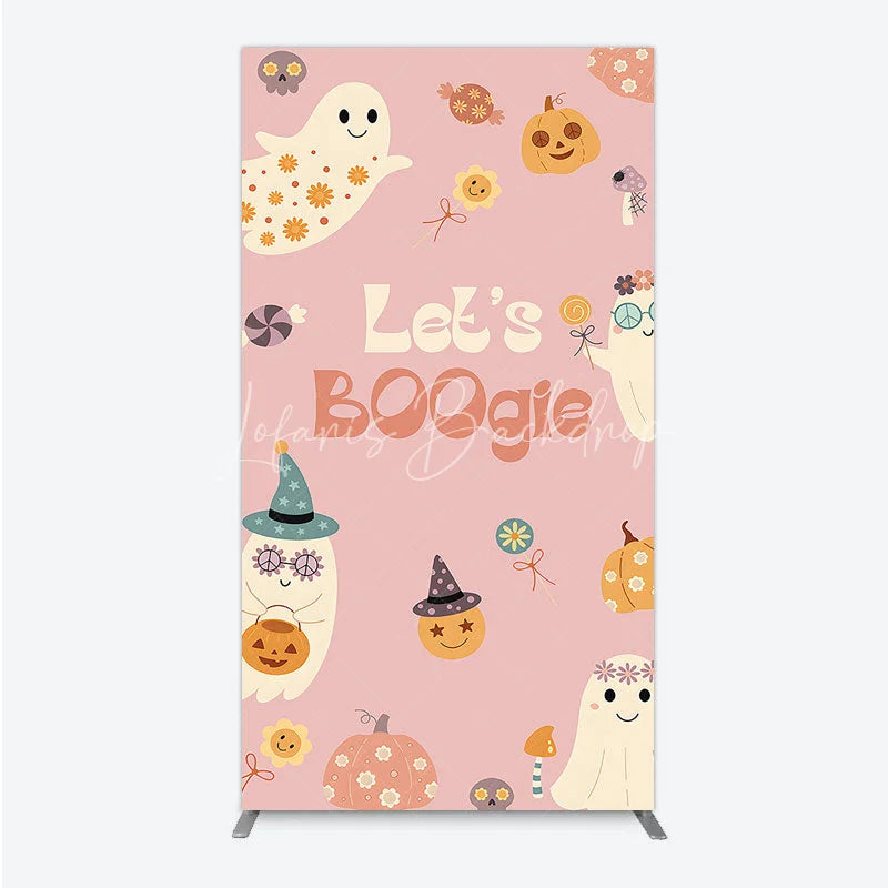 Lofaris Let’s Boogie Groovy Halloween Rectangle Backdrop Cute Retro Ghost and Pumpkin Pink Spooky Themed Party Decor