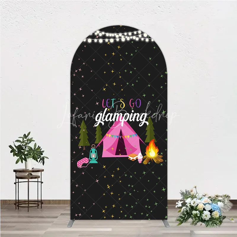 Lofaris Let’s Go Glamping Arched Backdrop Pink Tent and Stars for Girls Camping Party Sleepover Photo Booth Decor