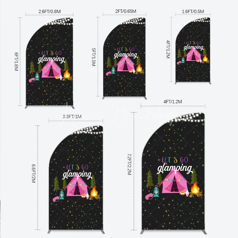Lofaris Let’s Go Glamping Half Moon Arched Backdrop Pink Tent and Stars for Girls Camping Party Sleepover Photo Booth Decor