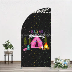 Lofaris Let’s Go Glamping Half Moon Arched Backdrop Pink Tent and Stars for Girls Camping Party Sleepover Photo Booth Decor