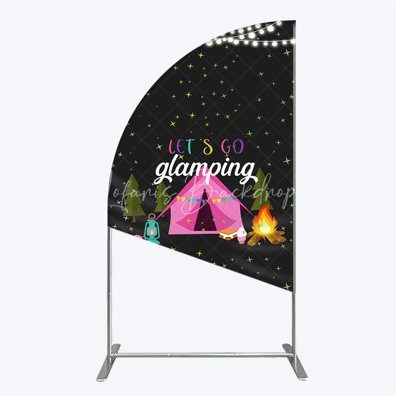 Lofaris Let’s Go Glamping Half Moon Arched Backdrop Pink Tent and Stars for Girls Camping Party Sleepover Photo Booth Decor