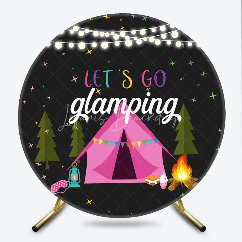 Lofaris Let’s Go Glamping Round Backdrop for Birthday Girls Sleepover Party with Tent Campfire and String Lights Decor