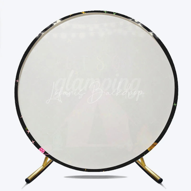 Lofaris Let’s Go Glamping Round Backdrop for Birthday Girls Sleepover Party with Tent Campfire and String Lights Decor