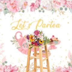 Lofaris Let’s Partea Tea Party Backdrop Pink Teapot Floral Rose and Cupcake Girl Birthday Background