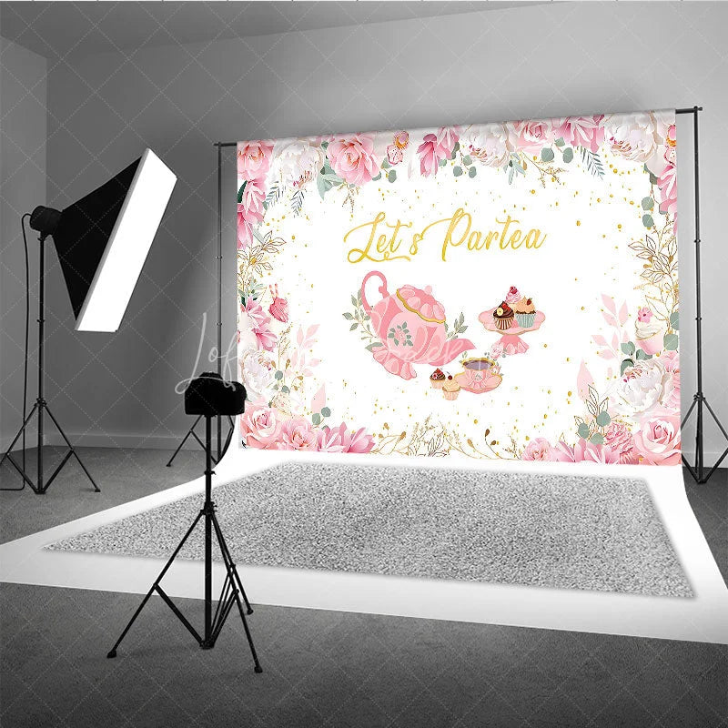 Lofaris Let’s Partea Tea Party Backdrop Pink Teapot Floral Rose and Cupcake Girl Birthday Background