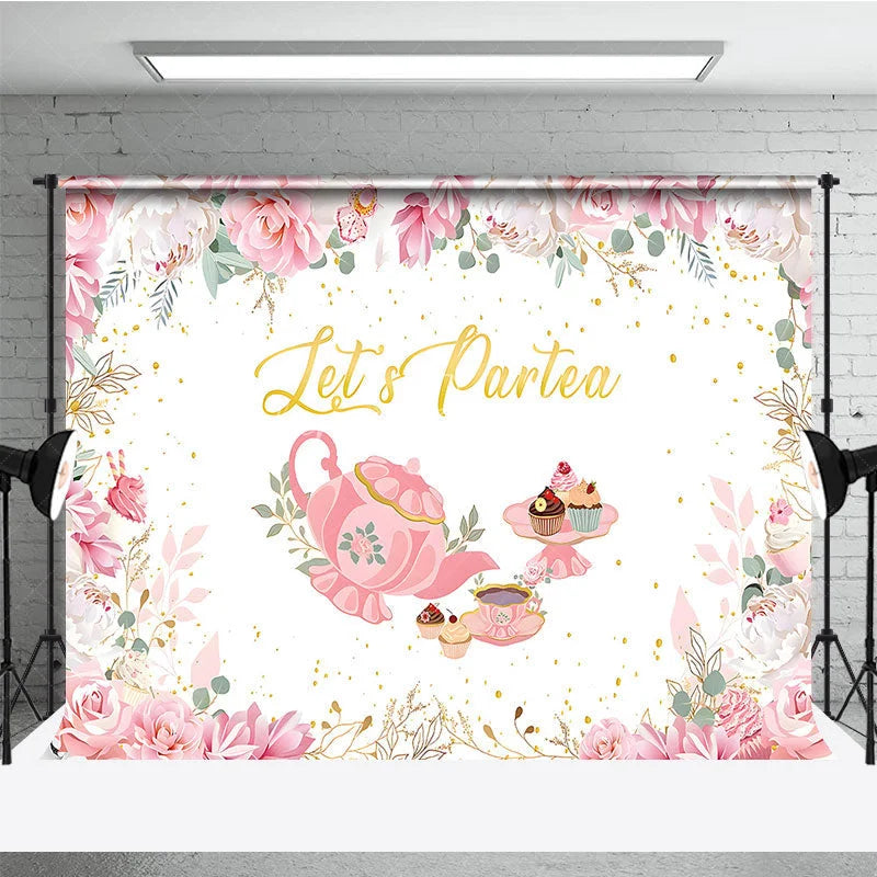 Lofaris Let’s Partea Tea Party Backdrop Pink Teapot Floral Rose and Cupcake Girl Birthday Background