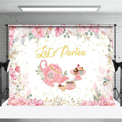 Lofaris Let’s Partea Tea Party Backdrop Pink Teapot Floral Rose and Cupcake Girl Birthday Background