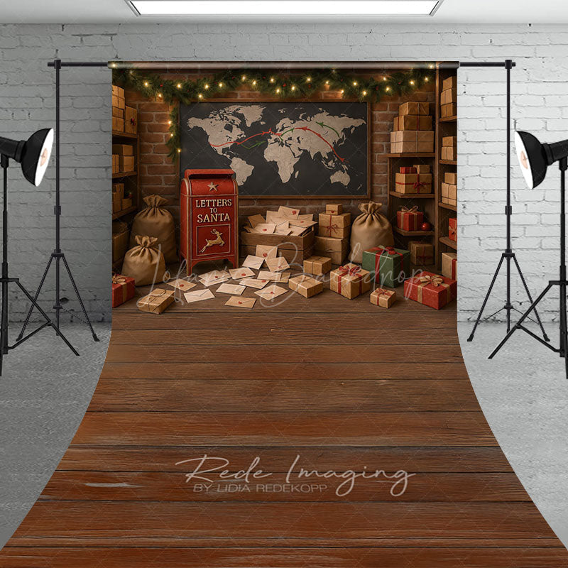 Lofaris Letters to Santa Workshop Sweep Backdrop Christmas Mailroom with Wood Floor Holiday Mini Session Drop