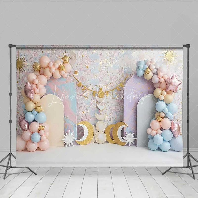 Lofaris Libra Zodiac Cake Smash Backdrop Scales and Pastel Clouds Party Background for Kids Birthday