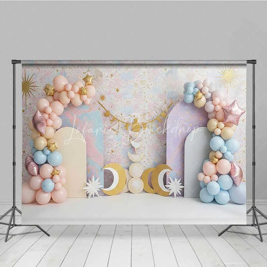 Lofaris Libra Zodiac Cake Smash Backdrop Scales and Pastel Clouds Party Background for Kids Birthday
